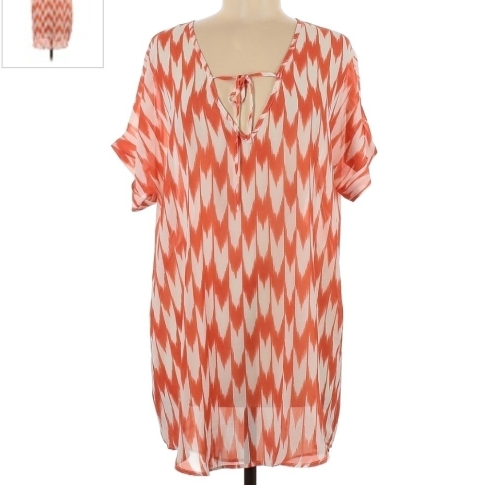 NWT Francesca’s Swimsuit Cover Up Orange White Chevron Deep V Tie Neck Flowy New